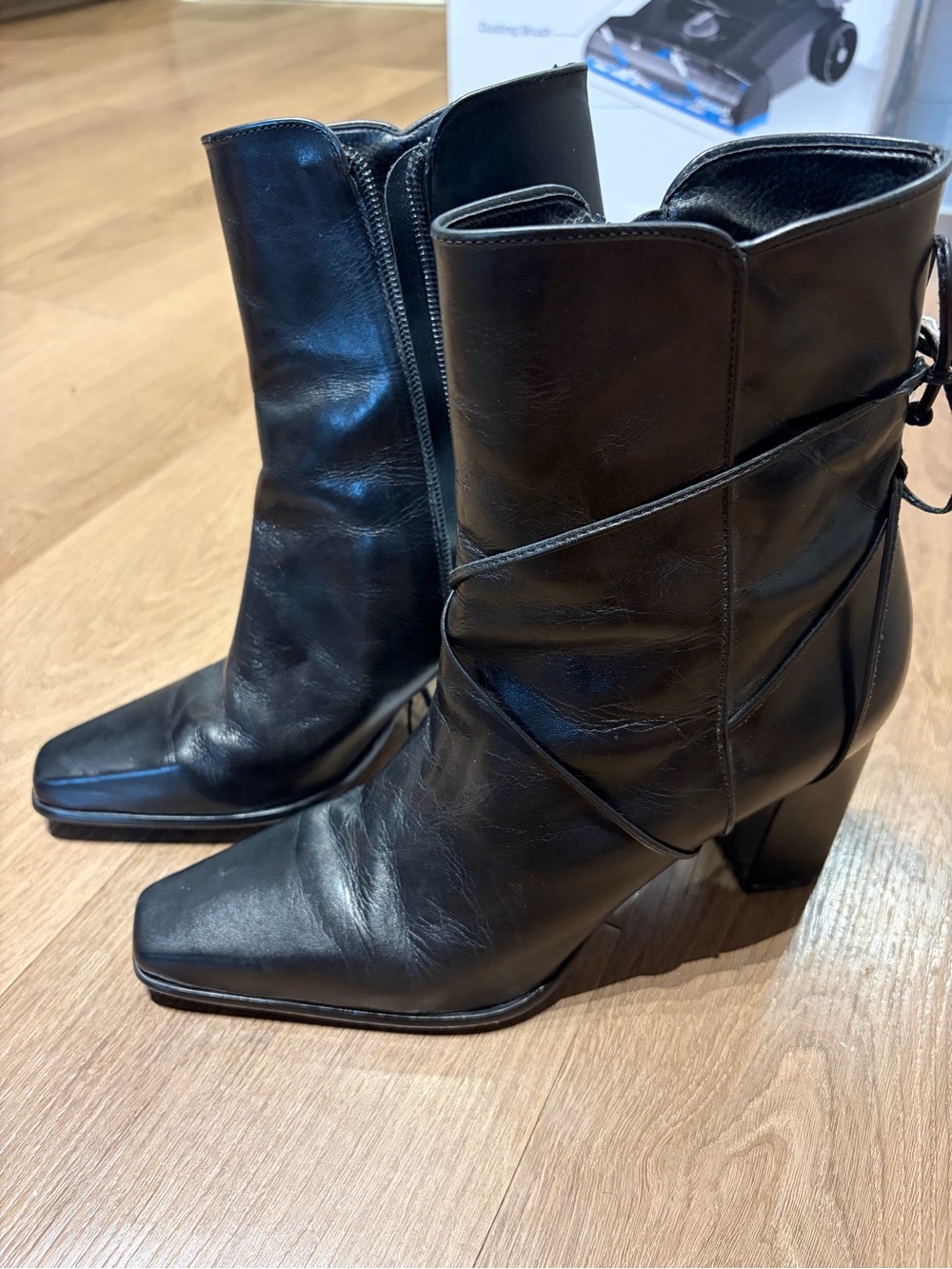 Enzo Angiolini Black Leather Square-Toe Mid-Calf Heeled Boots